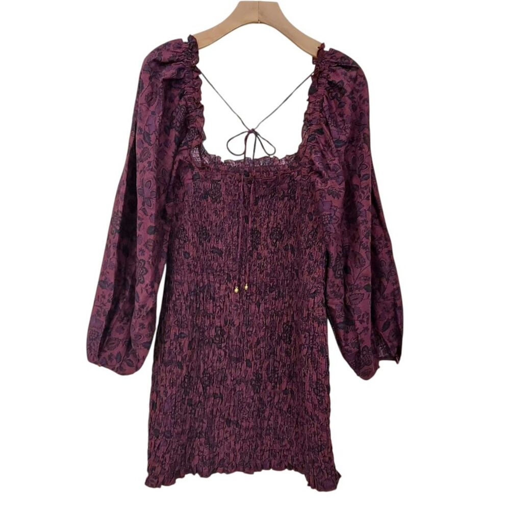 Free People Smock It To Me Mini Dress Medium Plum Floral Puff Sleeve Whimsigoth